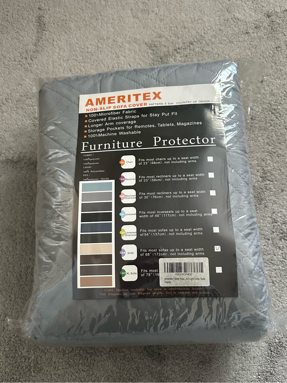 NWT Ameritex Non-Slip Sofa Cover 68” Grey